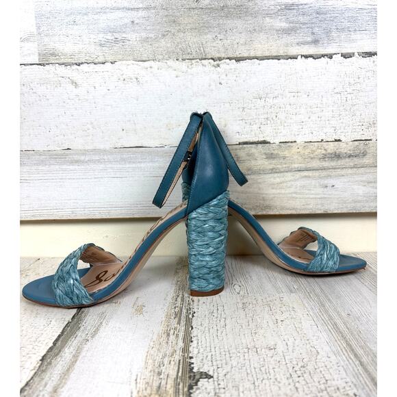 Sam Edelman Women’s 7 Blue Yoana Raffia Leather Ankle Strap Heeled Sandals - Picture 9 of 9